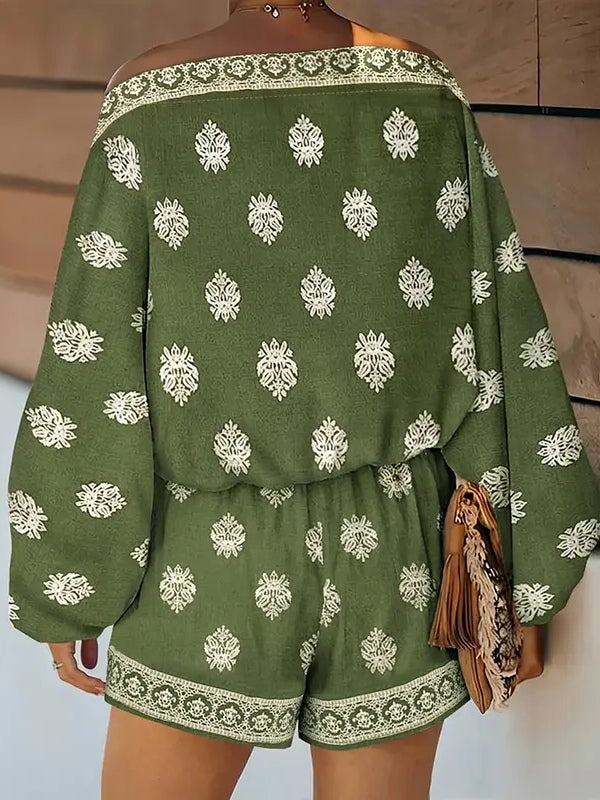 Women's Off-Shoulder Print Romper, Lantern Sleeve Shorts