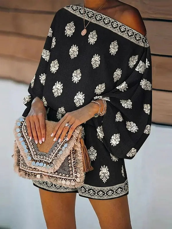 Women's Off-Shoulder Print Romper, Lantern Sleeve Shorts