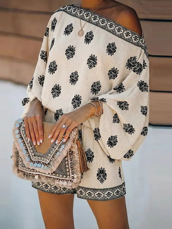 Women's Off-Shoulder Print Romper, Lantern Sleeve Shorts