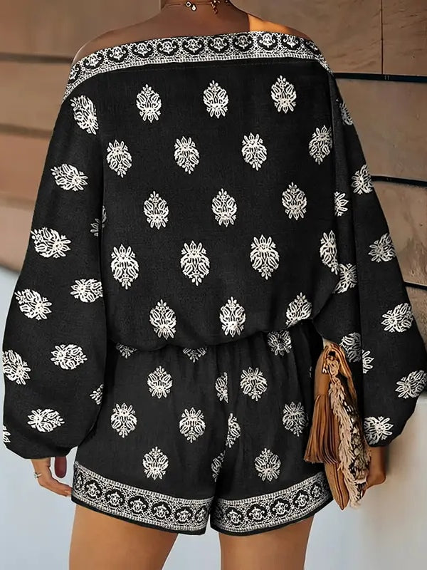 Women's Off-Shoulder Print Romper, Lantern Sleeve Shorts