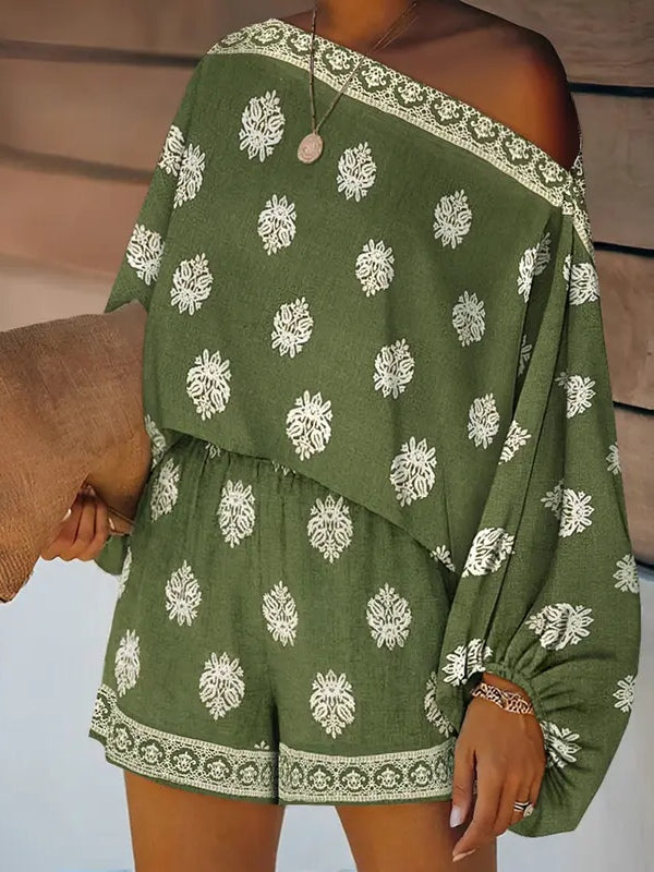 Women's Off-Shoulder Print Romper, Lantern Sleeve Shorts