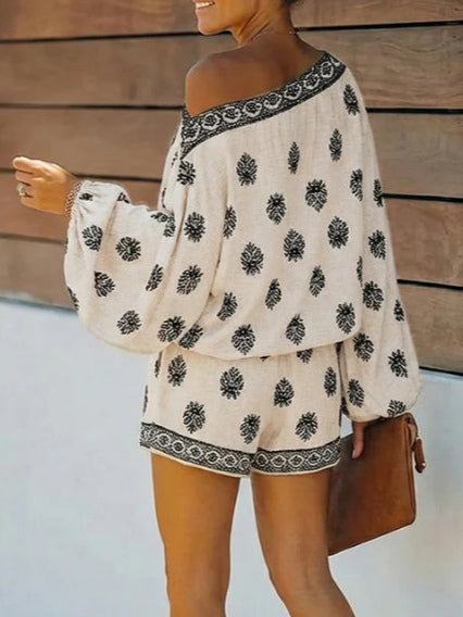 Women's Off-Shoulder Print Romper, Lantern Sleeve Shorts