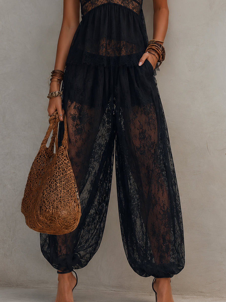 Women's Lace Halter Top & Harem Pants Set, Backless