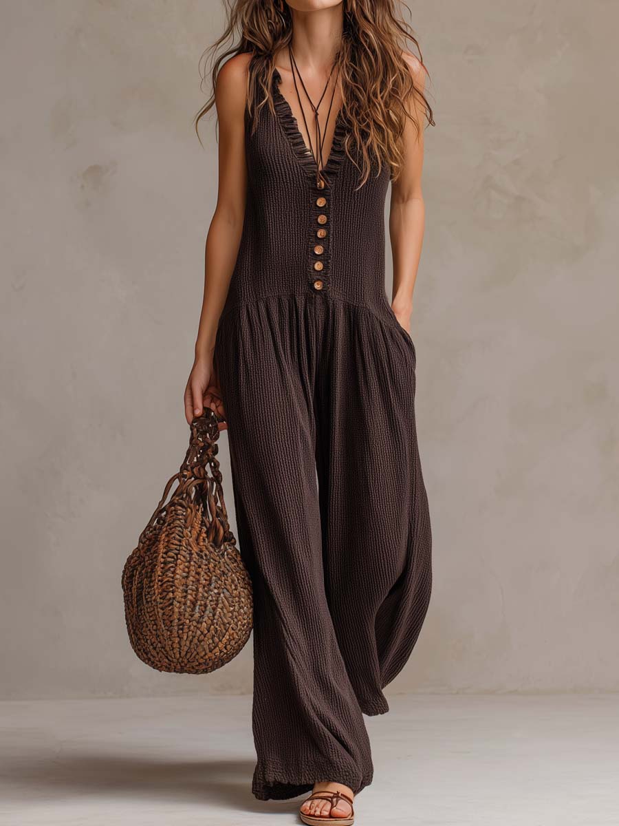 Women's Ruffle V-Neck Wide Leg Jumpsuit