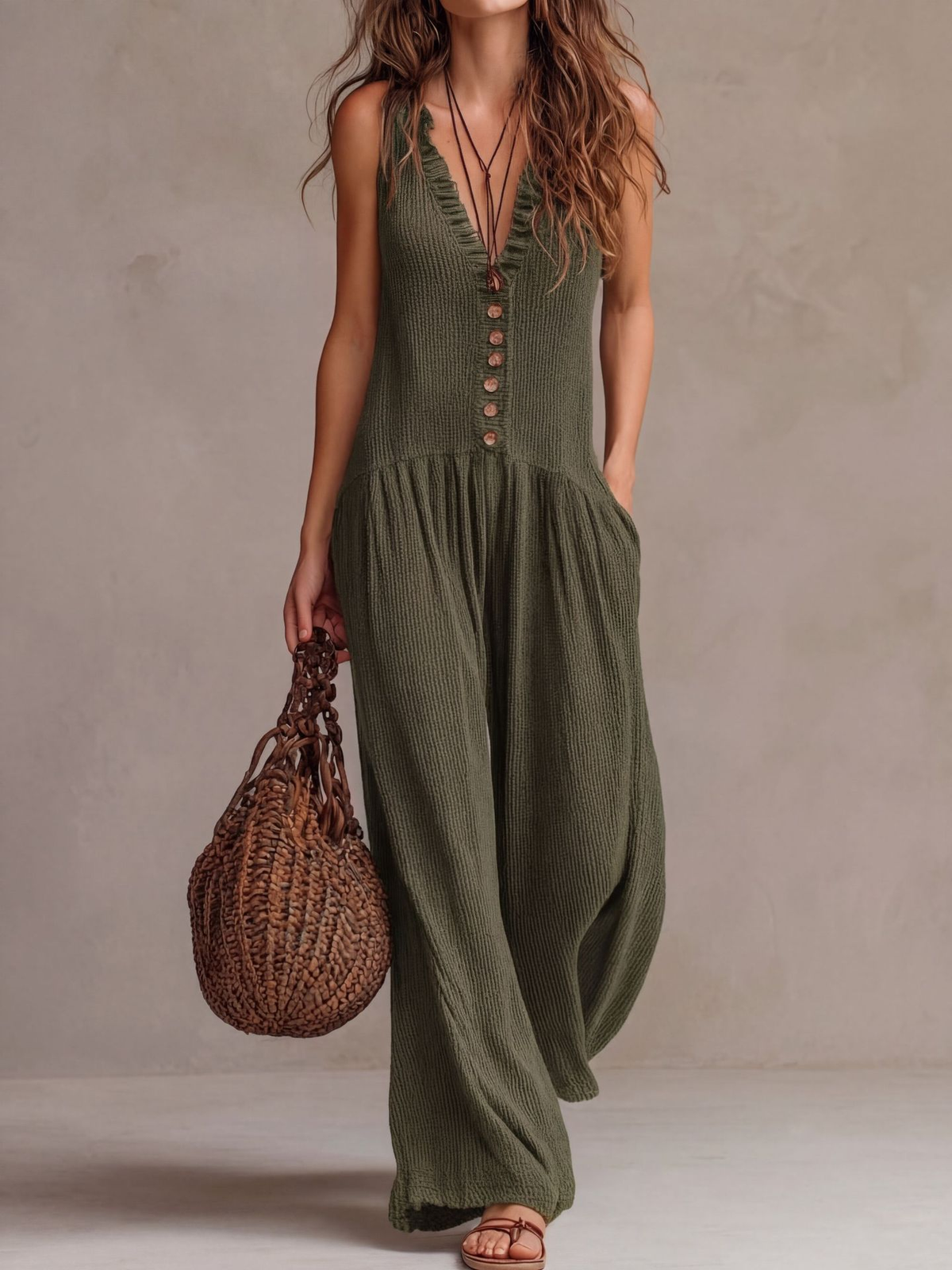 Women's Ruffle V-Neck Wide Leg Jumpsuit