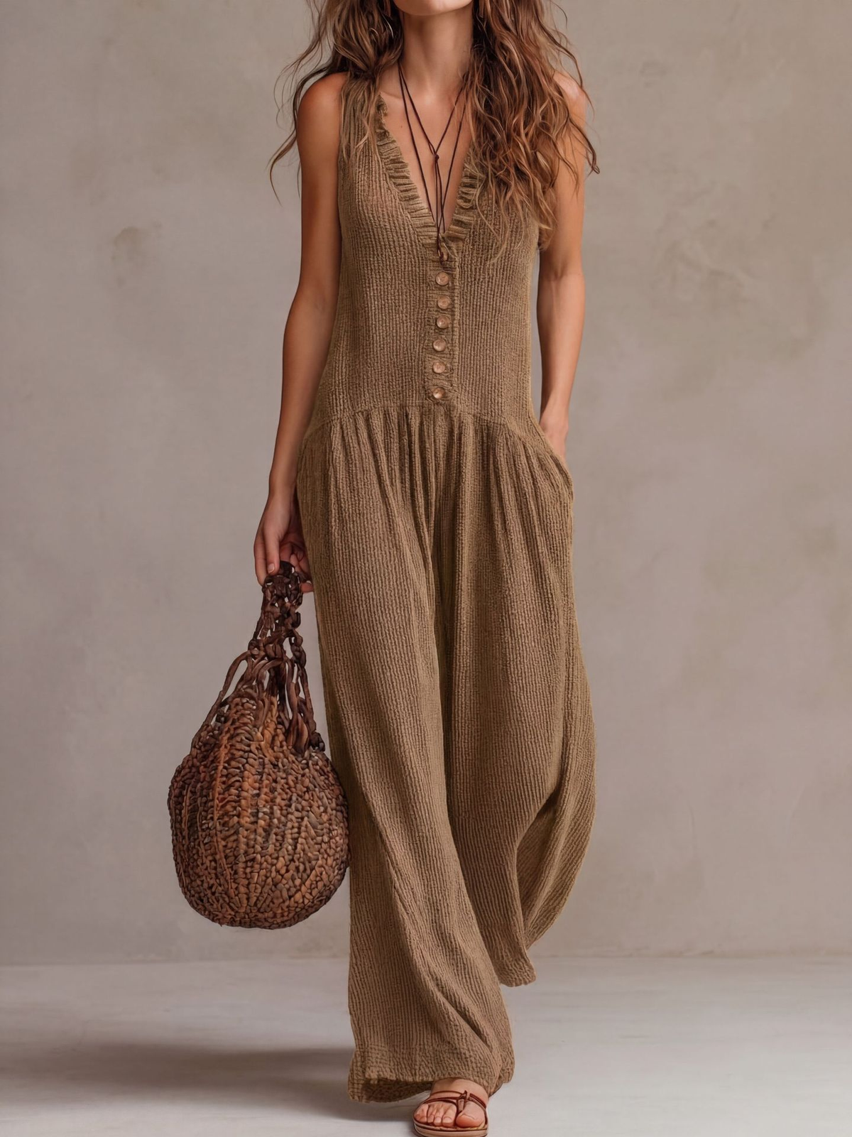 Women's Ruffle V-Neck Wide Leg Jumpsuit