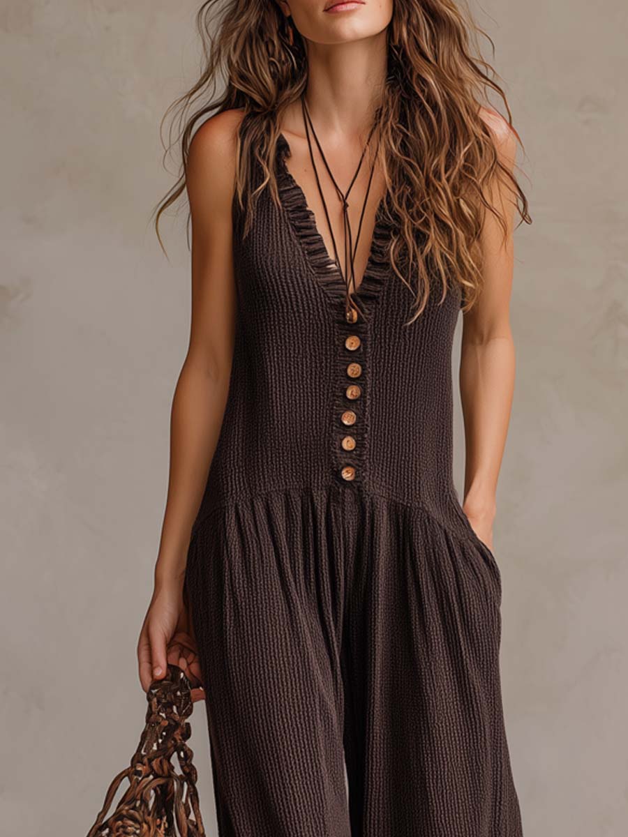 Women's Ruffle V-Neck Wide Leg Jumpsuit