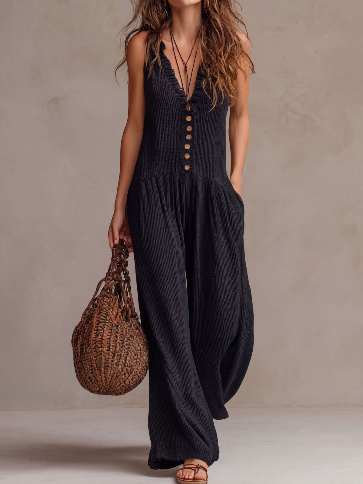 Women's Ruffle V-Neck Wide Leg Jumpsuit