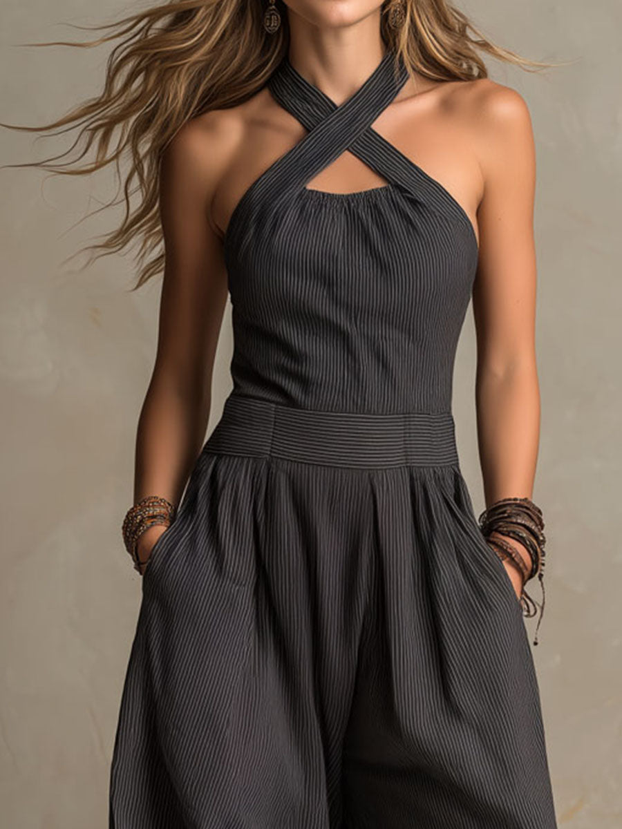Women's Pinstripe Halter Jumpsuit, Crisscross Wide Leg