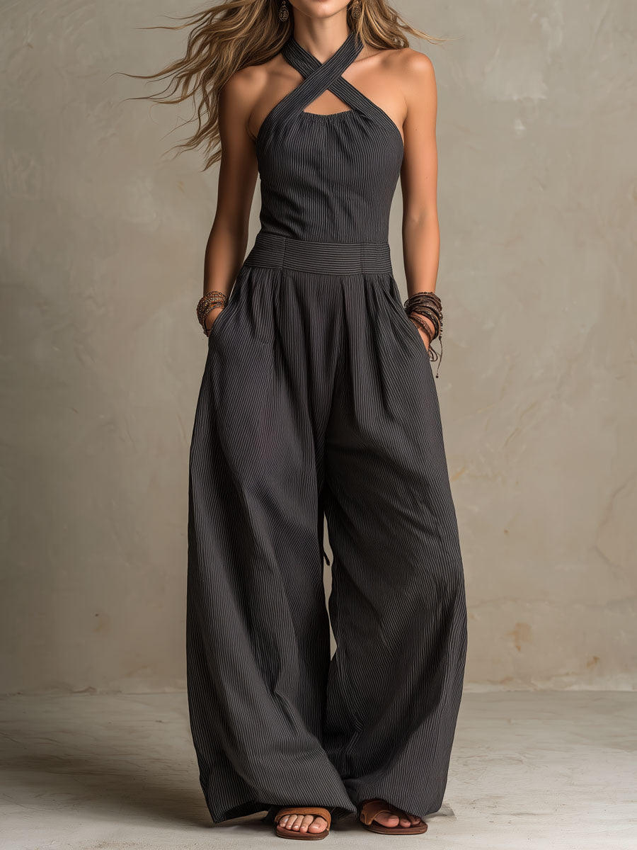 Women's Pinstripe Halter Jumpsuit, Crisscross Wide Leg