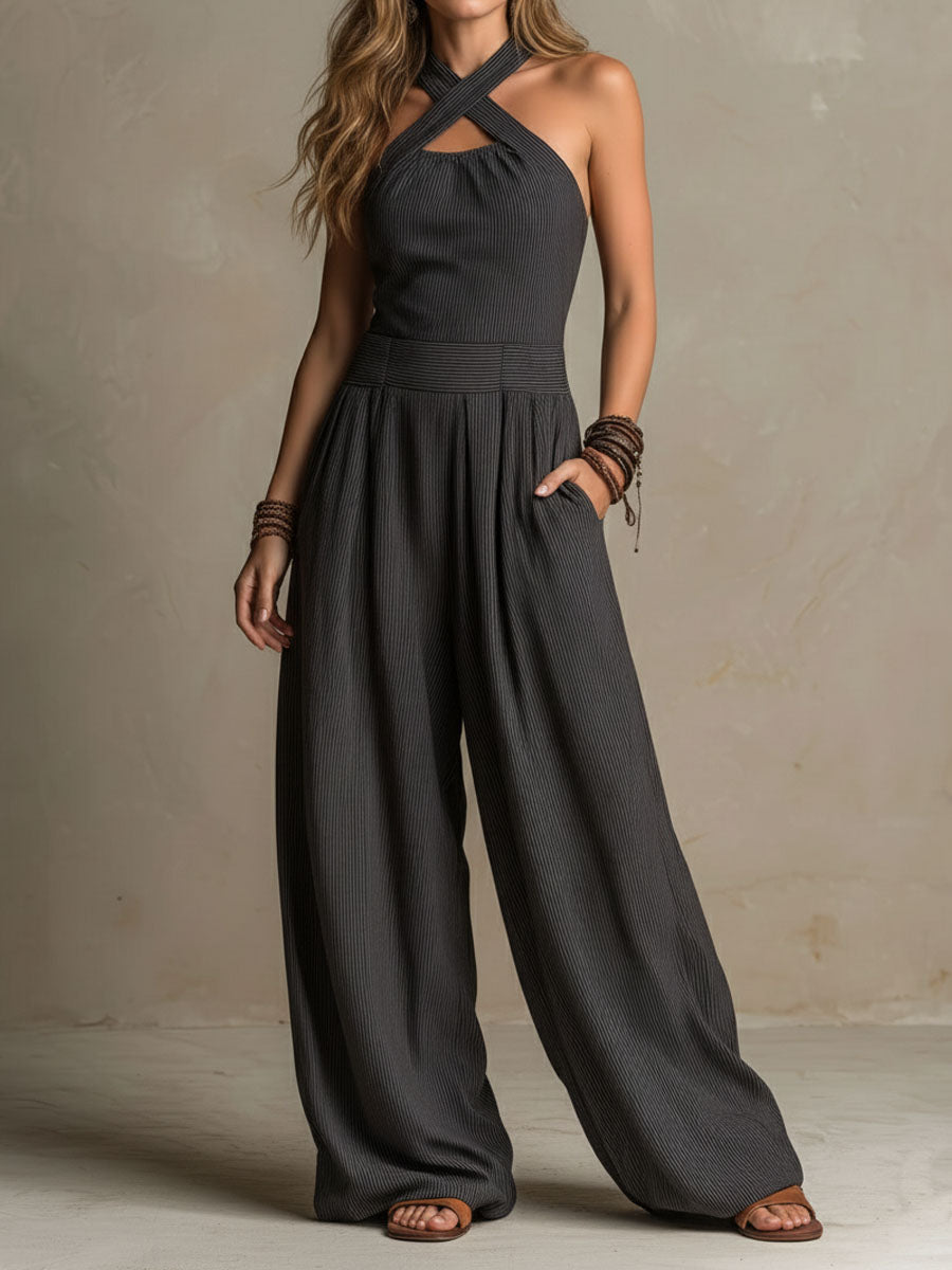 Women's Pinstripe Halter Jumpsuit, Crisscross Wide Leg