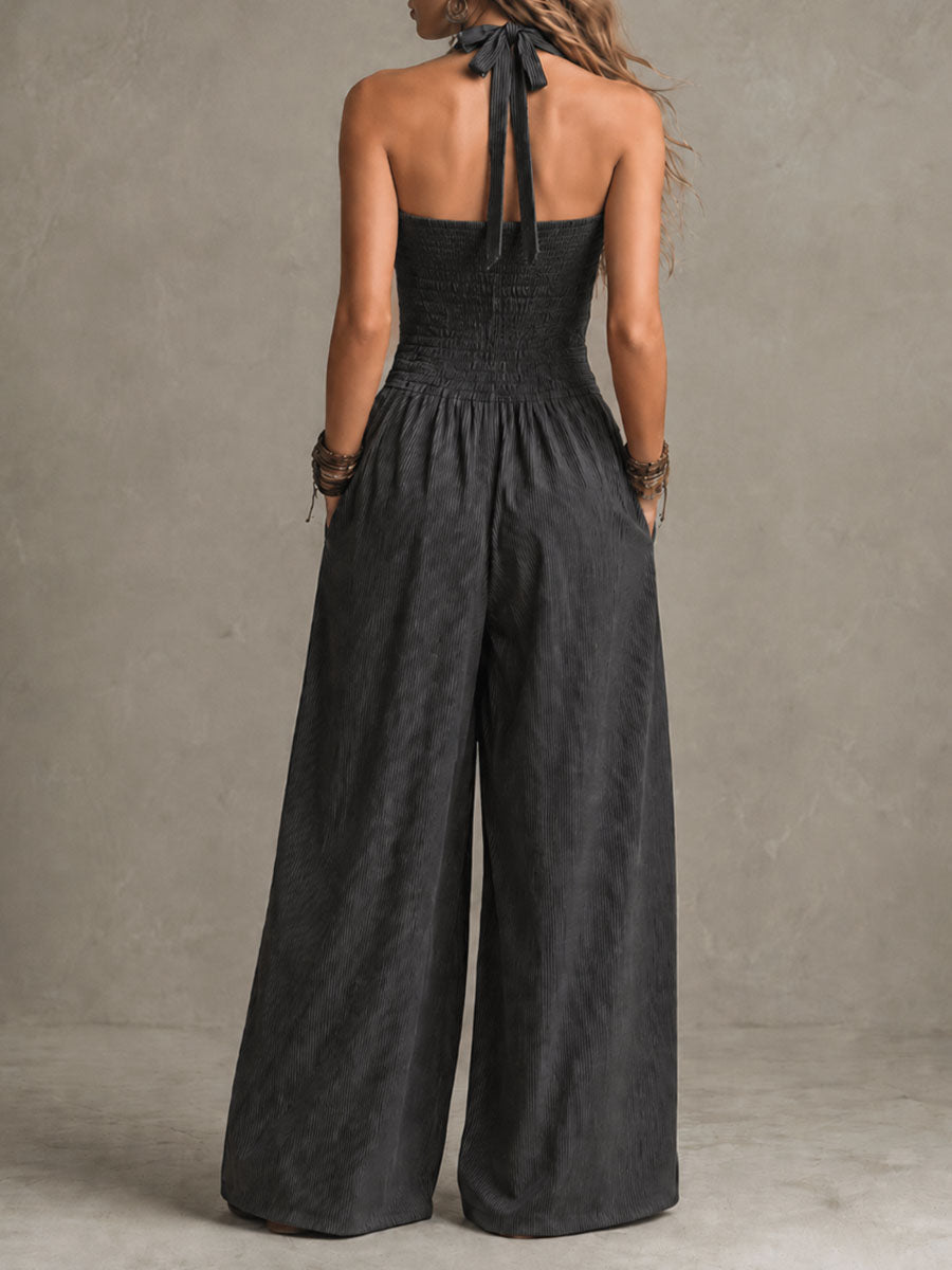 Women's Pinstripe Halter Jumpsuit, Crisscross Wide Leg