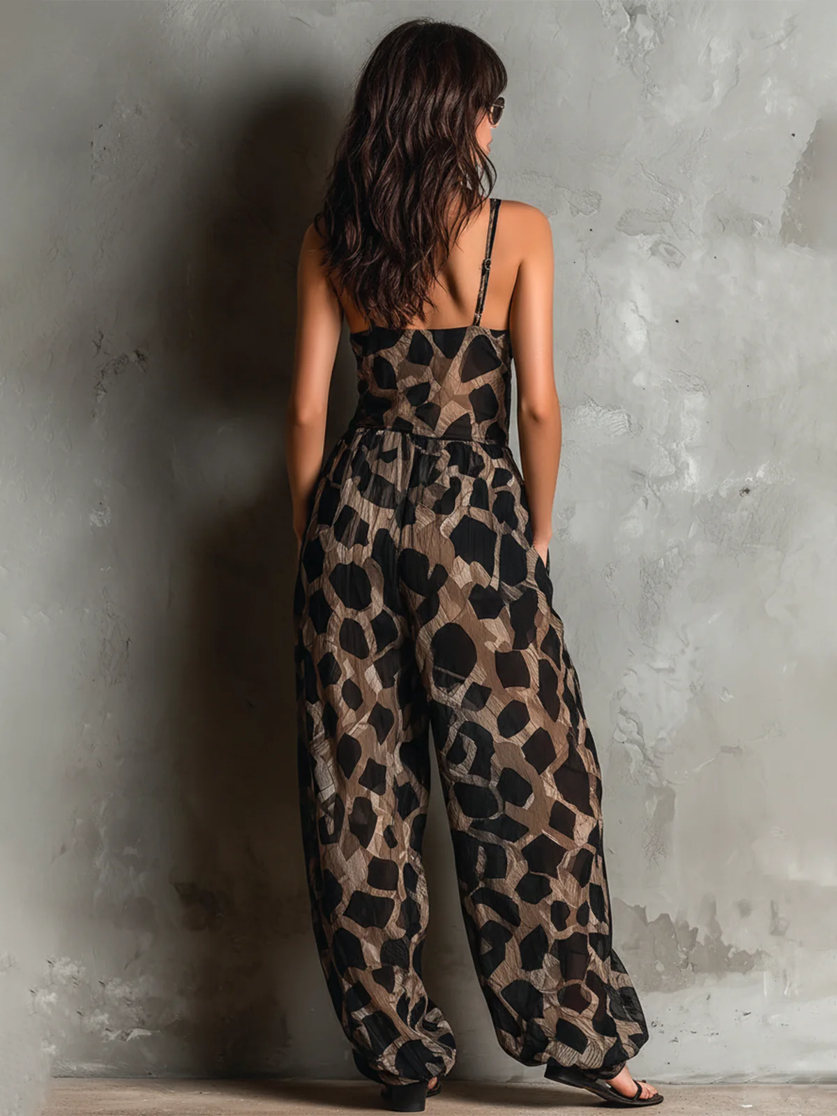 Women's Animal Print Chiffon Wide Leg Jumpsuit, Tie Waist