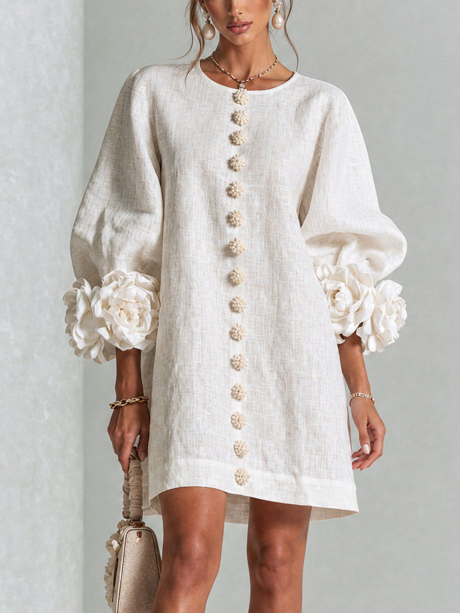 Rosalie button-down mini dress with rose-knot cuffs