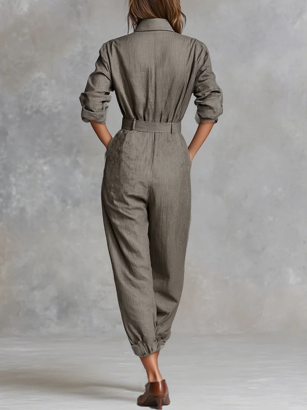 Women's Linen-Blend Shirt Jumpsuit, Long Sleeve Button Front