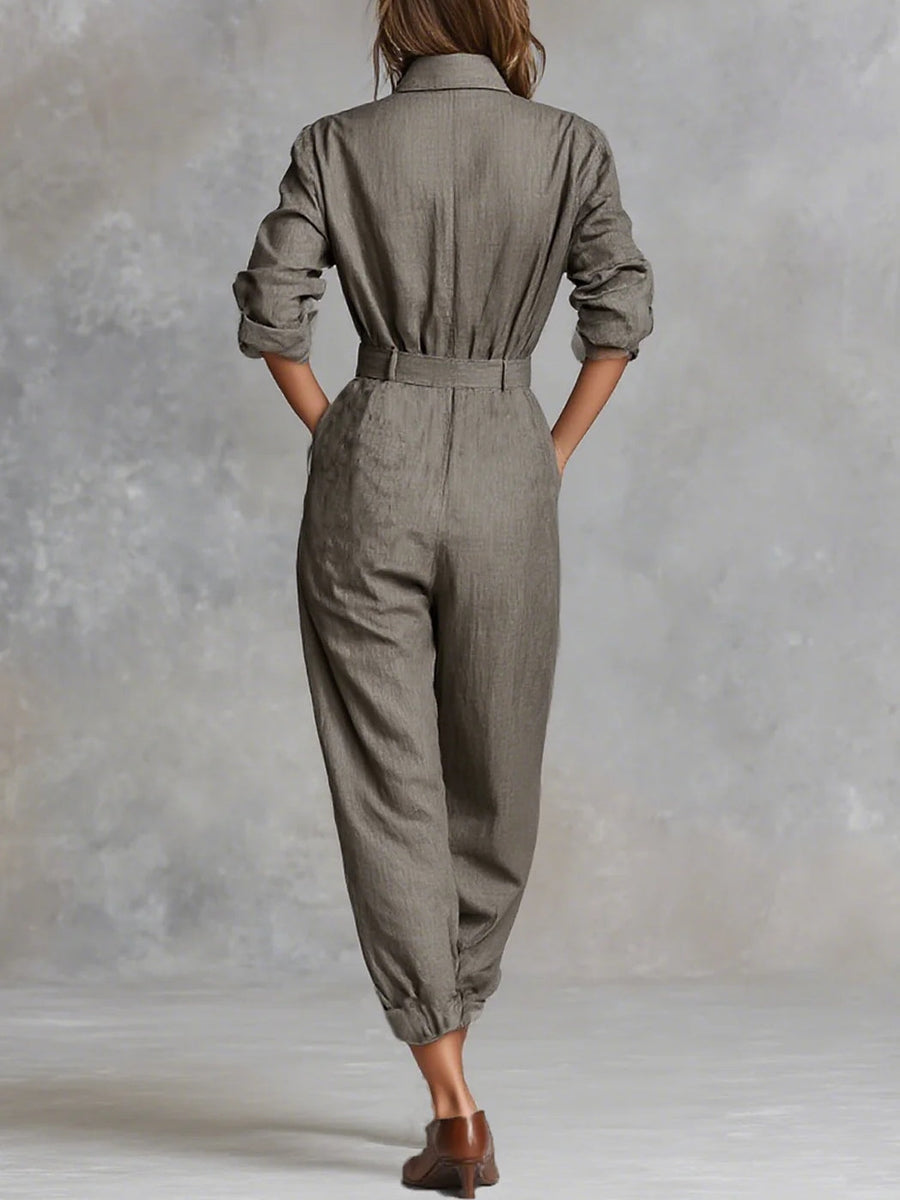 Women's Linen-Blend Shirt Jumpsuit, Long Sleeve Button Front