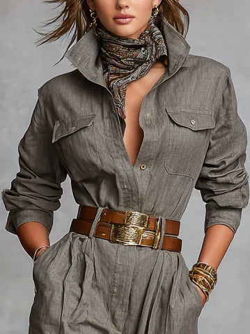 Women's Linen-Blend Shirt Jumpsuit, Long Sleeve Button Front
