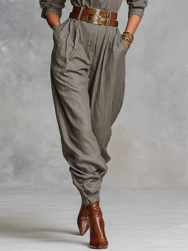 Women's Linen-Blend Shirt Jumpsuit, Long Sleeve Button Front