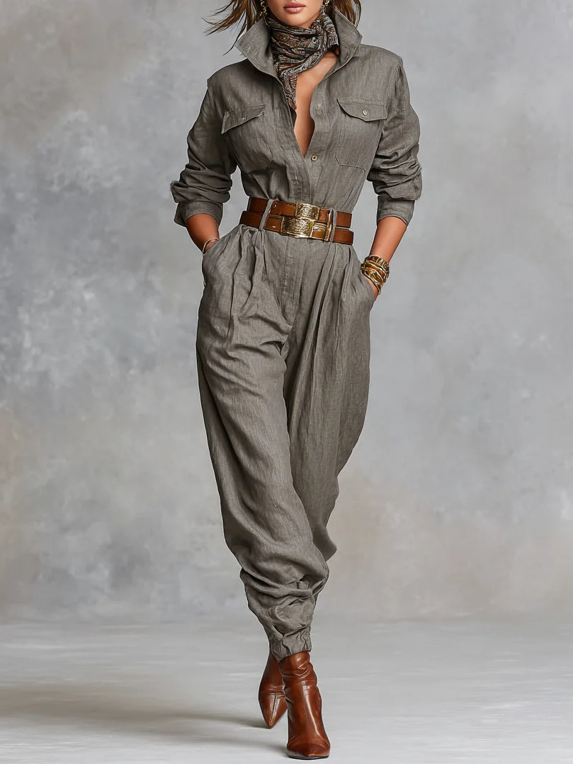 Women's Linen-Blend Shirt Jumpsuit, Long Sleeve Button Front