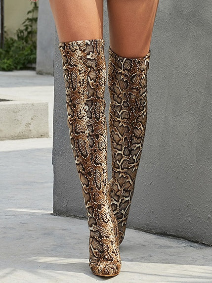 Women's Snake Print Over-the-Knee Boots, Stiletto Heel