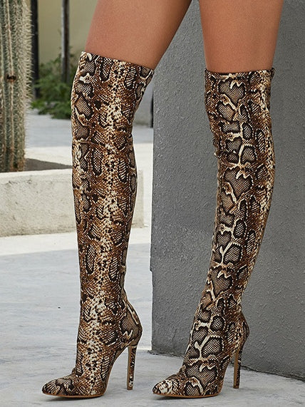 Women's Snake Print Over-the-Knee Boots, Stiletto Heel