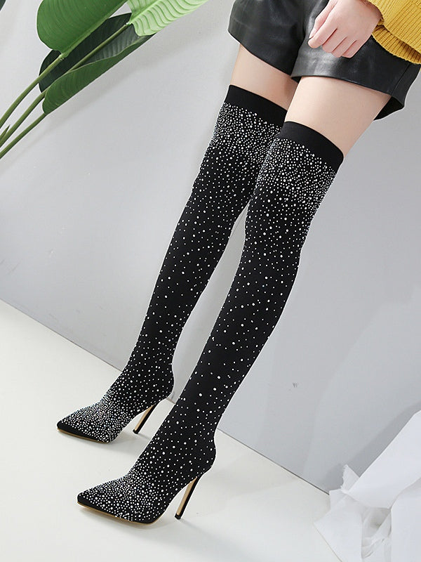 Women's Rhinestone Over-the-Knee Sock Boots, Stretch Stiletto
