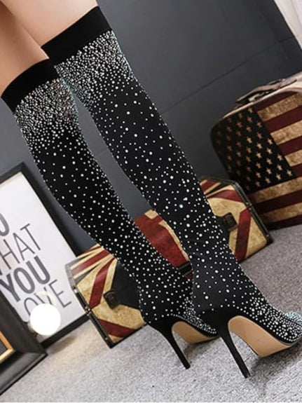 Women's Rhinestone Over-the-Knee Sock Boots, Stretch Stiletto