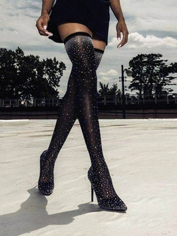 Women's Rhinestone Over-the-Knee Sock Boots, Stretch Stiletto