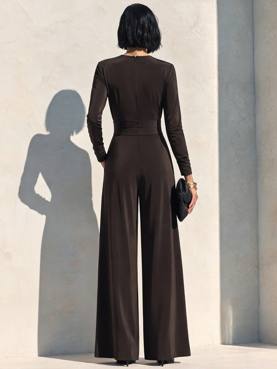 Women's Wrap Wide Leg Jumpsuit, Long Sleeve Belted Waist