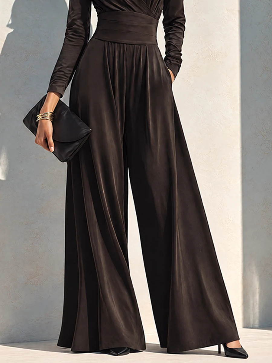 Women's Wrap Wide Leg Jumpsuit, Long Sleeve Belted Waist