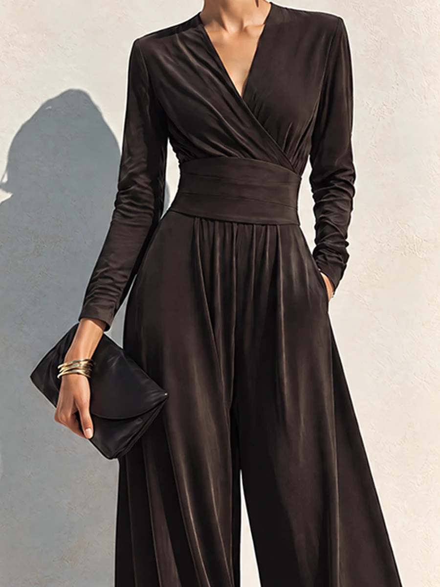 Women's Wrap Wide Leg Jumpsuit, Long Sleeve Belted Waist