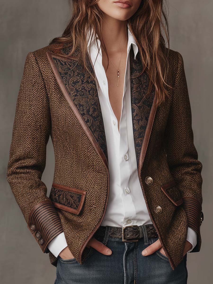 Savile | Herringbone Leather-Trim Tweed Blazer