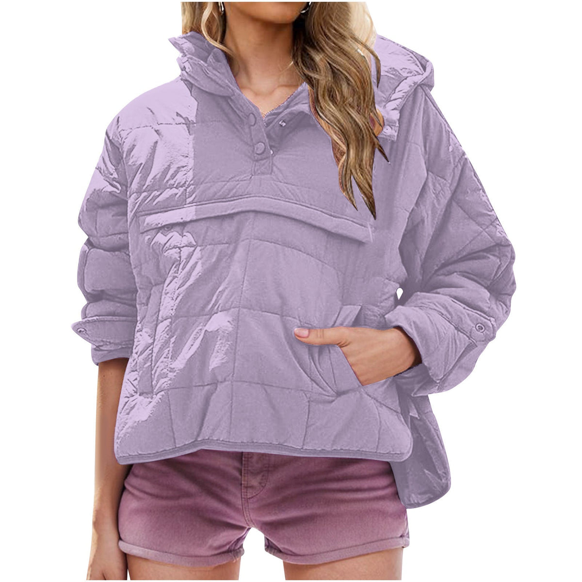 Women's Puffer Jacket, Quilted Pullover Anorak with Snap Collar