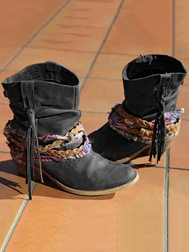 Women's Western Ankle Boots, Braided Tassel Stacked Heel