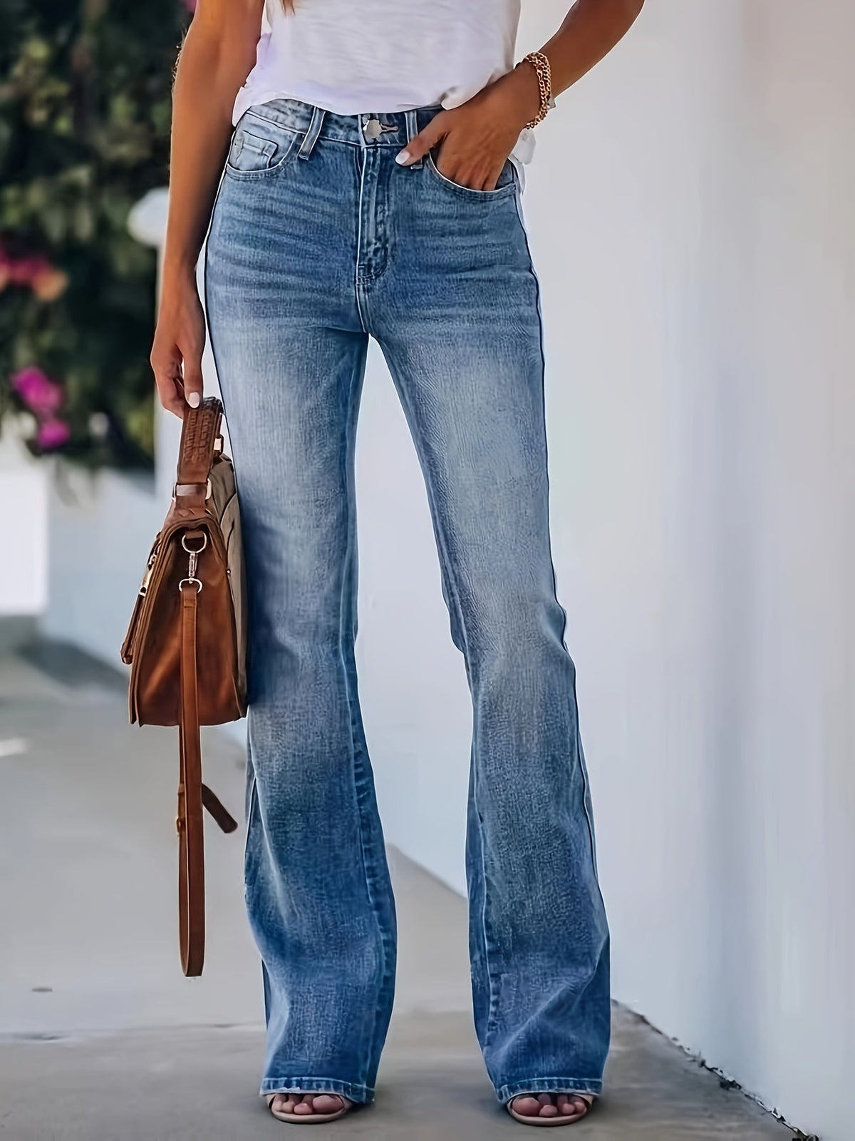Women's Flare Jeans, High Waist Button Fly Full Length
