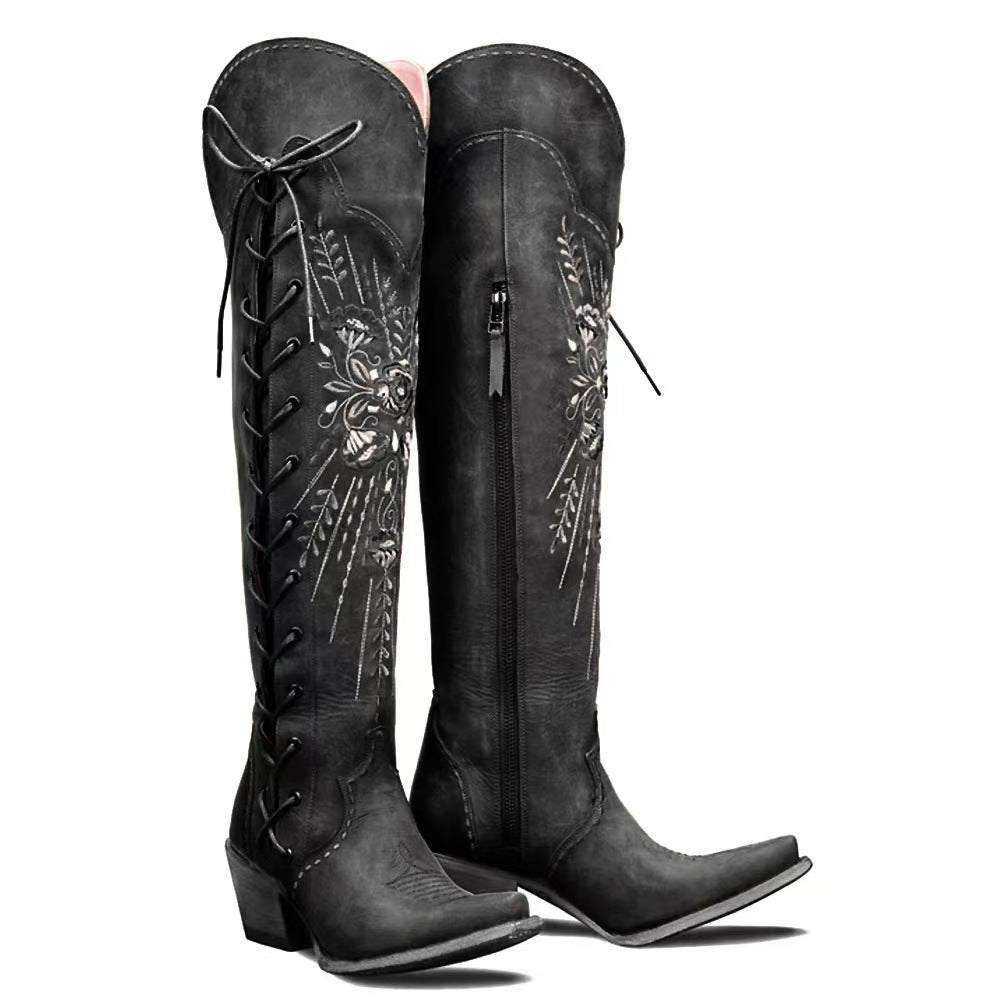Women's Embroidered Western Boots, Lace-Up Rivet Detail