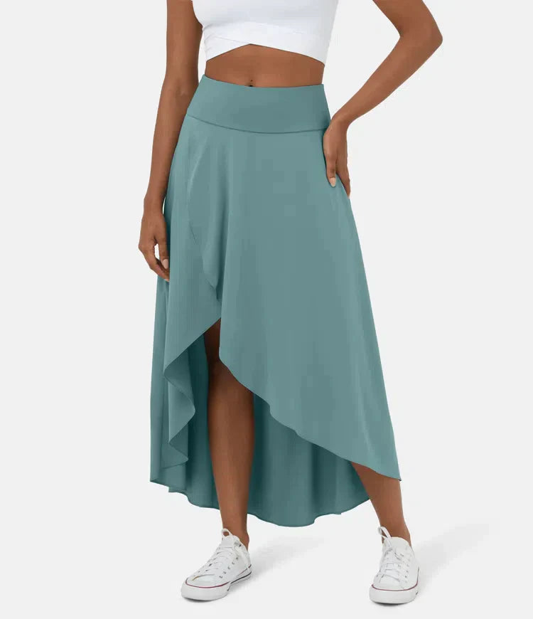 Women's Midi Skirt, Asymmetric High-Low Hem Wide Waistband