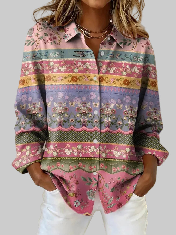 Women's Vintage Pink Striped Floral Print Casual Lapel Shirt
