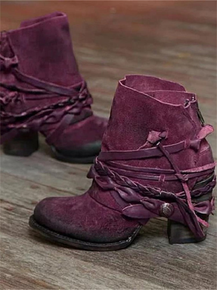 Women's Suede Ankle Boots, Braided Lace-Up Mid Heel