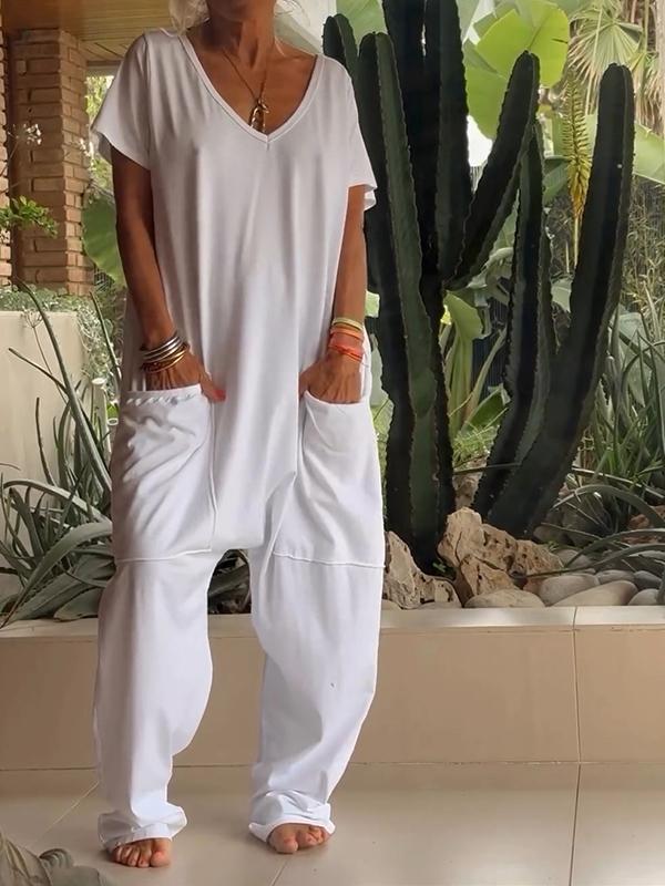 Women's V-Neck Short Sleeve Jumpsuit, Casual Cotton