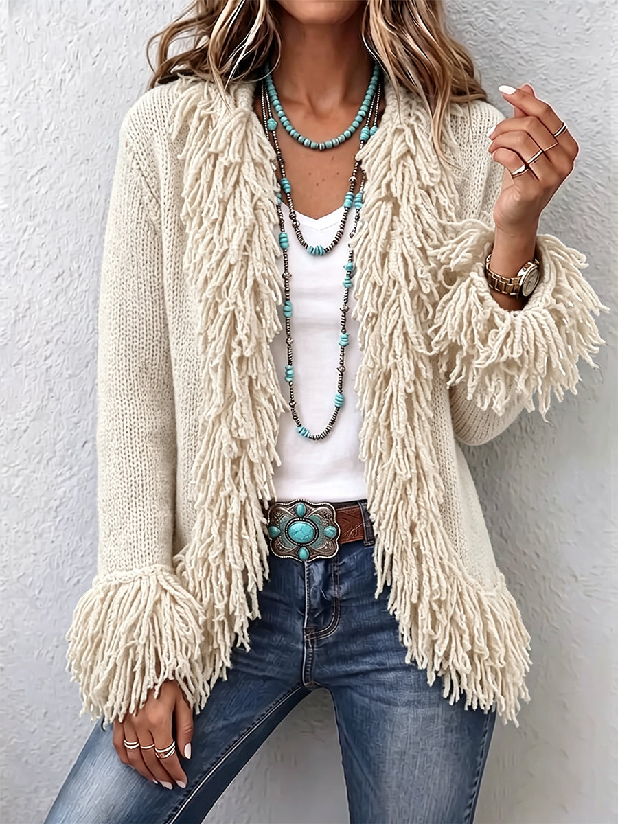 Rosamund | Cozy Beige Fringe Trim Open-Front Knit Cardigan
