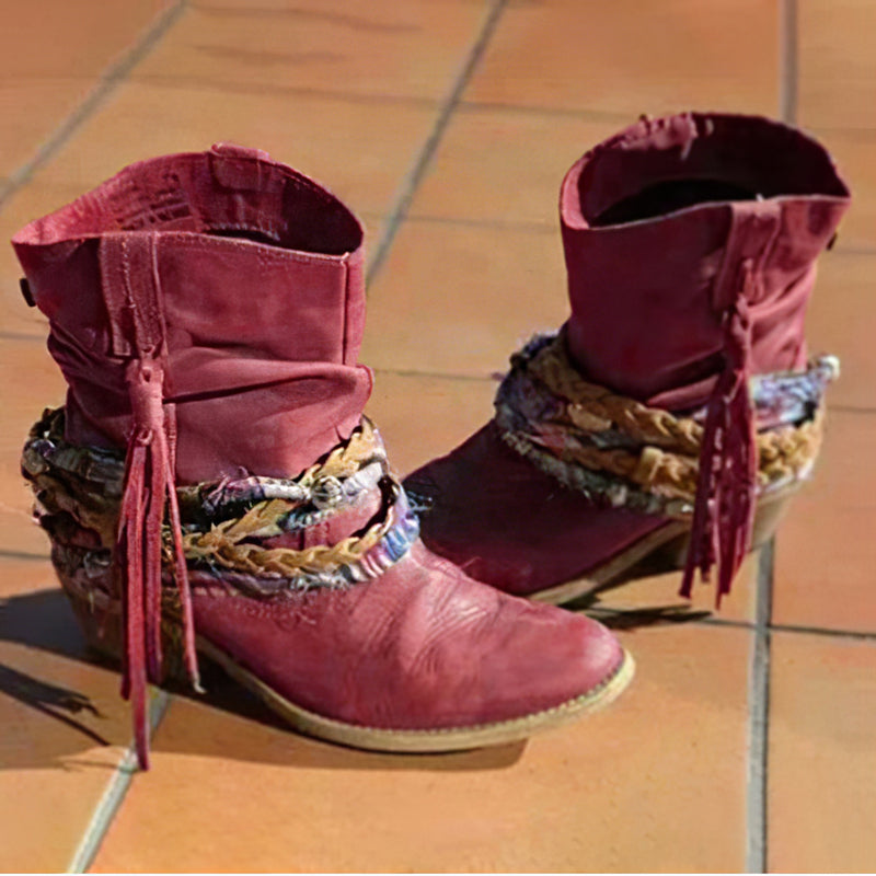 Women's Western Ankle Boots, Braided Tassel Stacked Heel