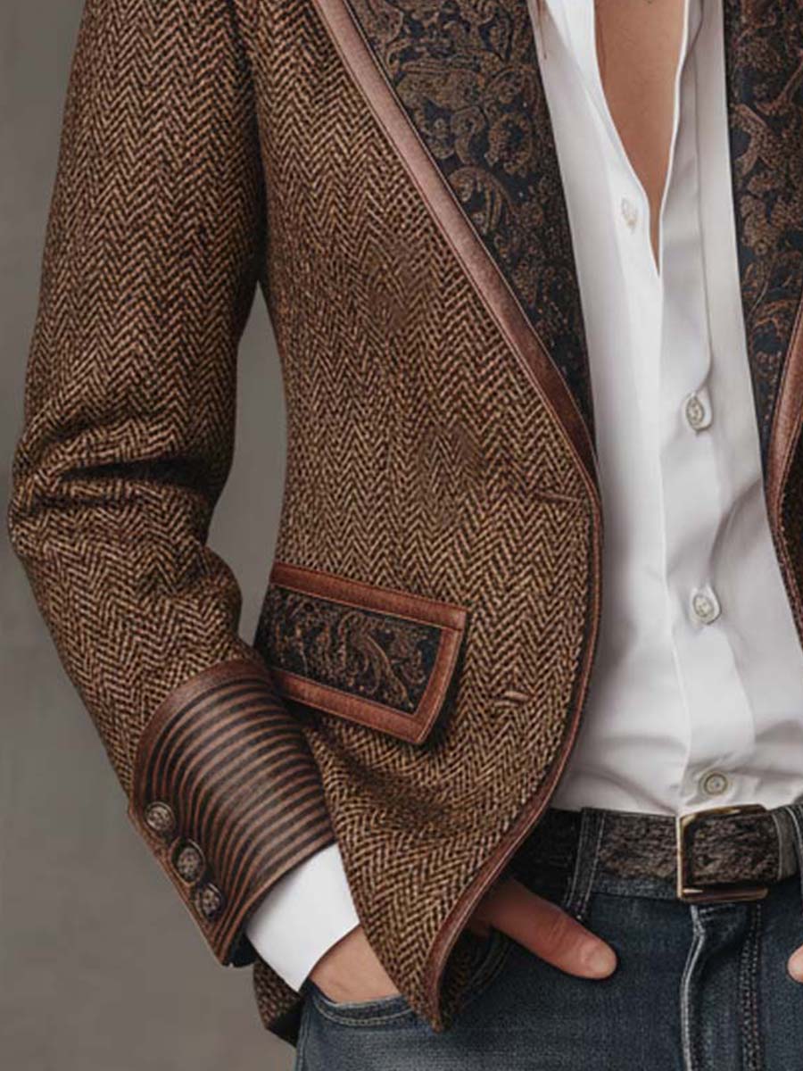 Savile | Herringbone Leather-Trim Tweed Blazer