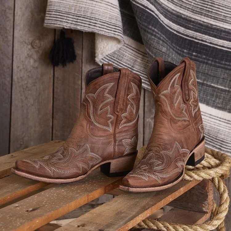 Women's Embroidered Western Ankle Boots, Low Block Heel