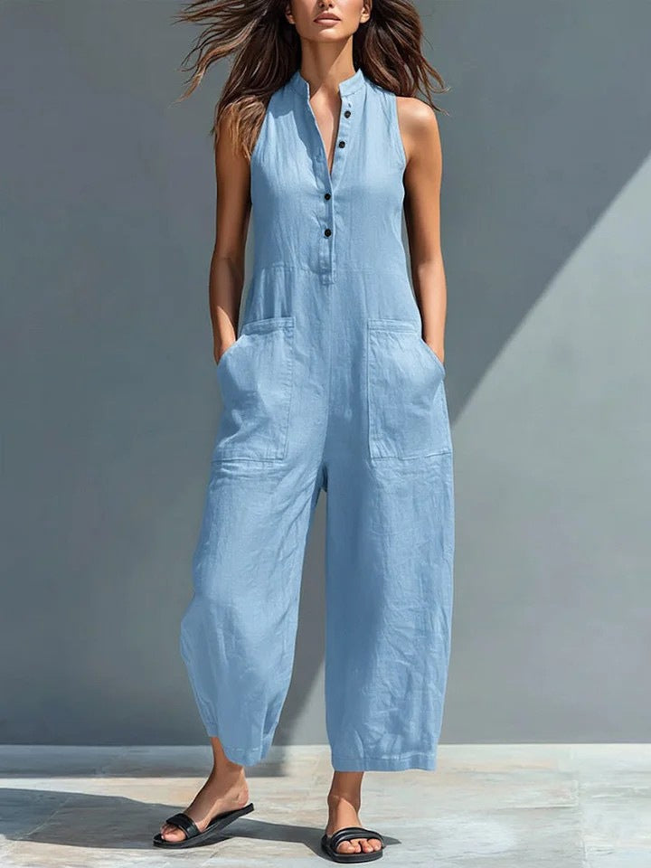 Women's Button Front Linen-Blend Jumpsuit, Sleeveless