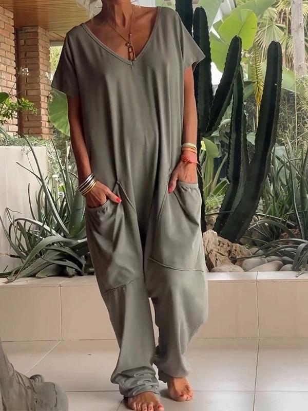 Women's V-Neck Short Sleeve Jumpsuit, Casual Cotton