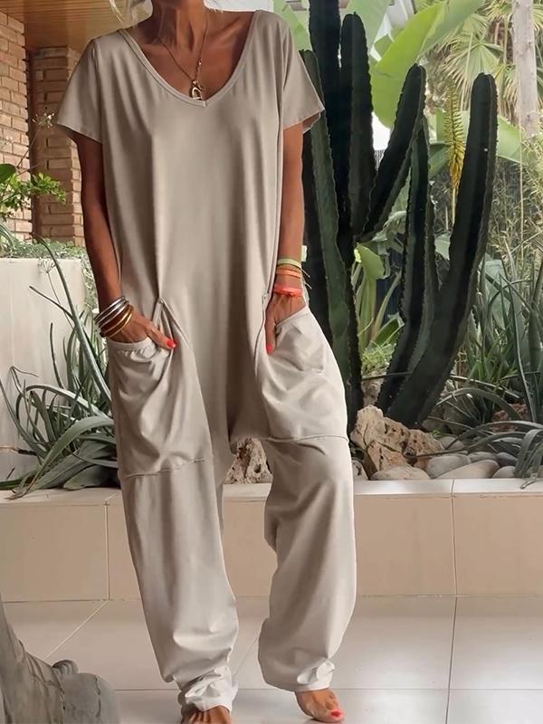 Women's V-Neck Short Sleeve Jumpsuit, Casual Cotton