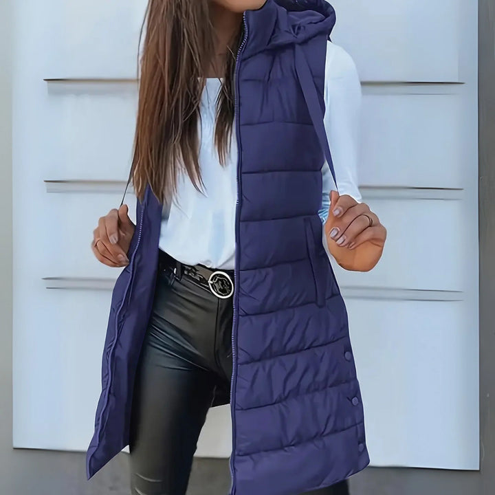Women's Leather Jacket Style Puffer Vest, Longline Hooded Quilted