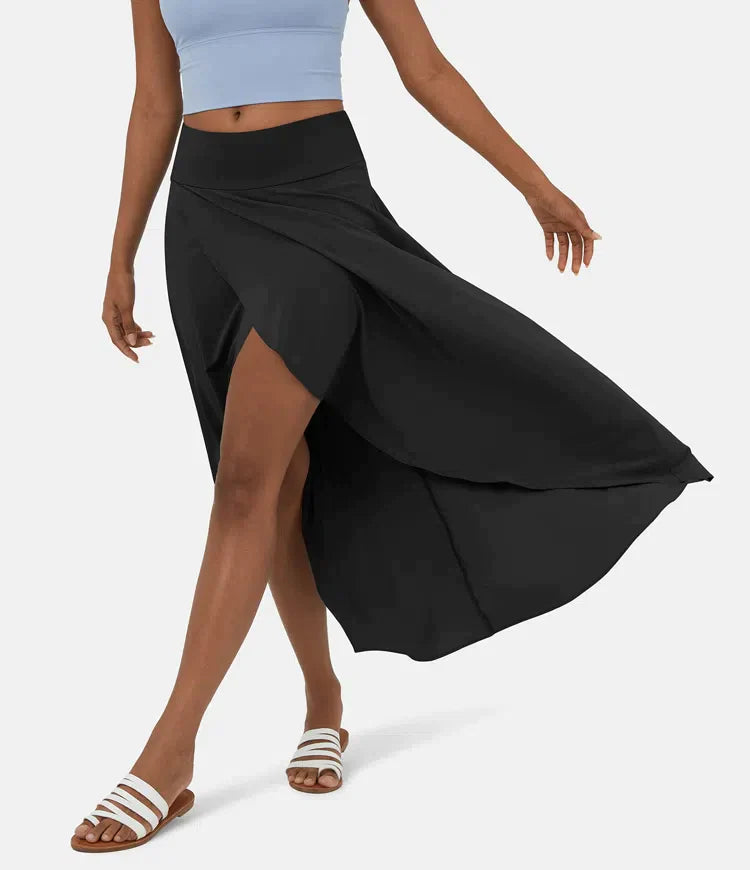 Women's Midi Skirt, Asymmetric High-Low Hem Wide Waistband