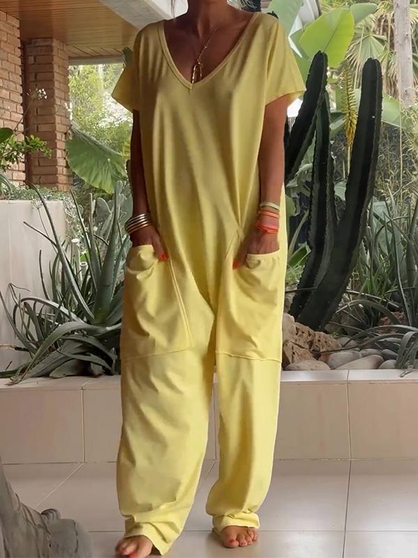 Women's V-Neck Short Sleeve Jumpsuit, Casual Cotton